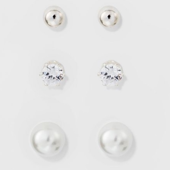 a new day Jewelry - NWT A New Day Silver Tone Crystal & Pearl Stud Earring Set Of 3